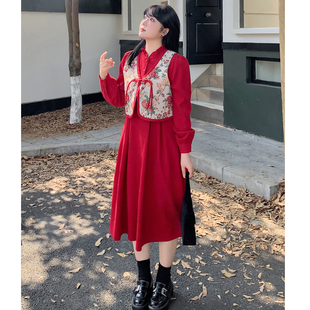 ウエストタックワンピースと花柄ジャガード織りベストのセットアップ5