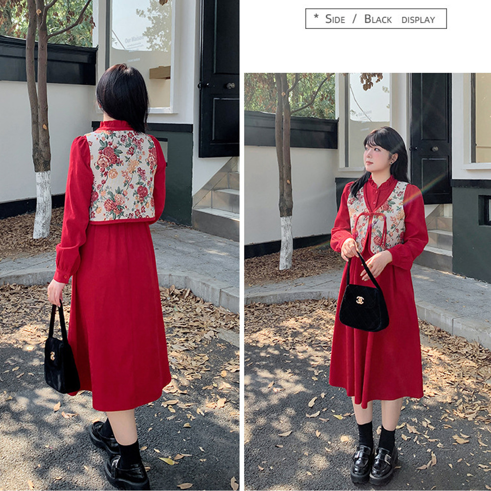 ウエストタックワンピースと花柄ジャガード織りベストのセットアップ8