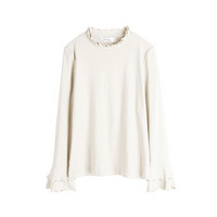 二重フリルのスタンドカラーとベルカフのフィット感のあるトップス