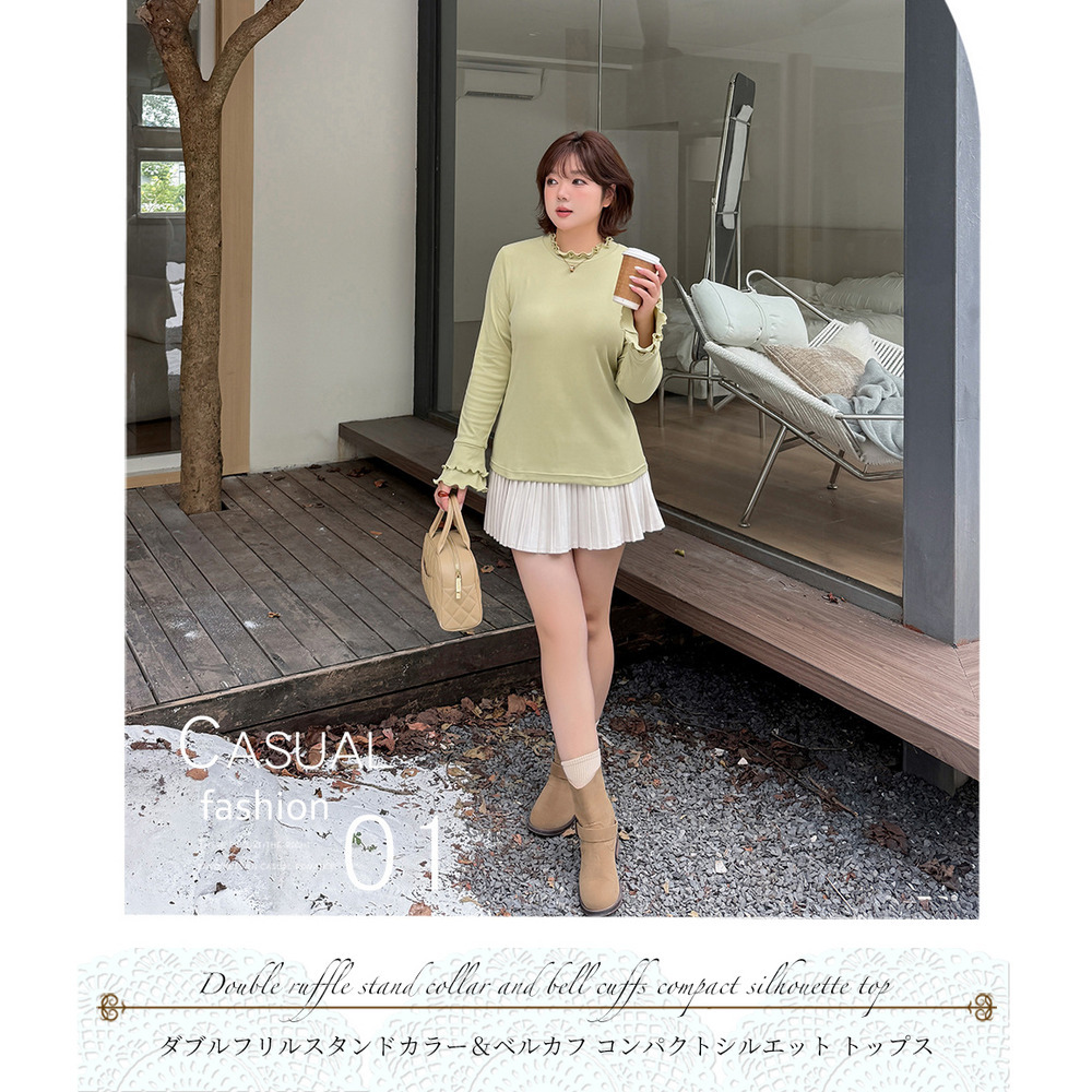 二重フリルのスタンドカラーとベルカフのフィット感のあるトップス15