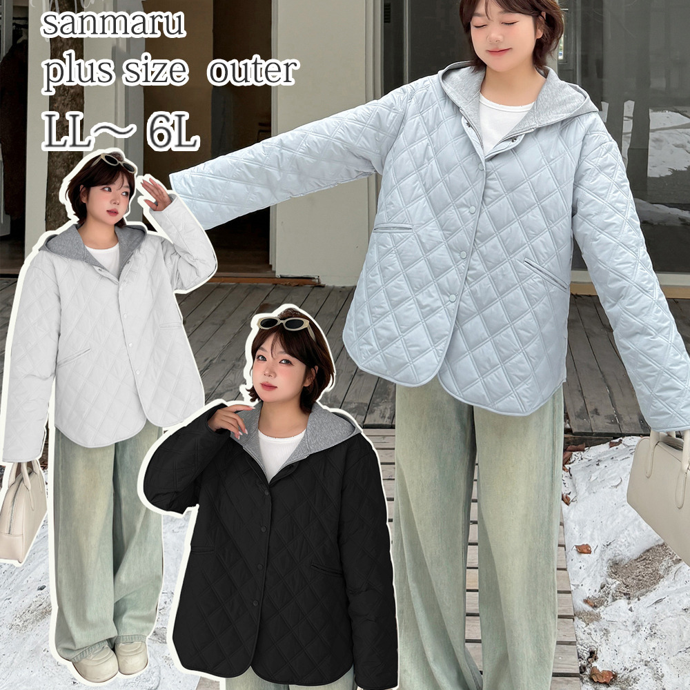 重ね着風スウェットフード付きダイヤキルティングジャケット