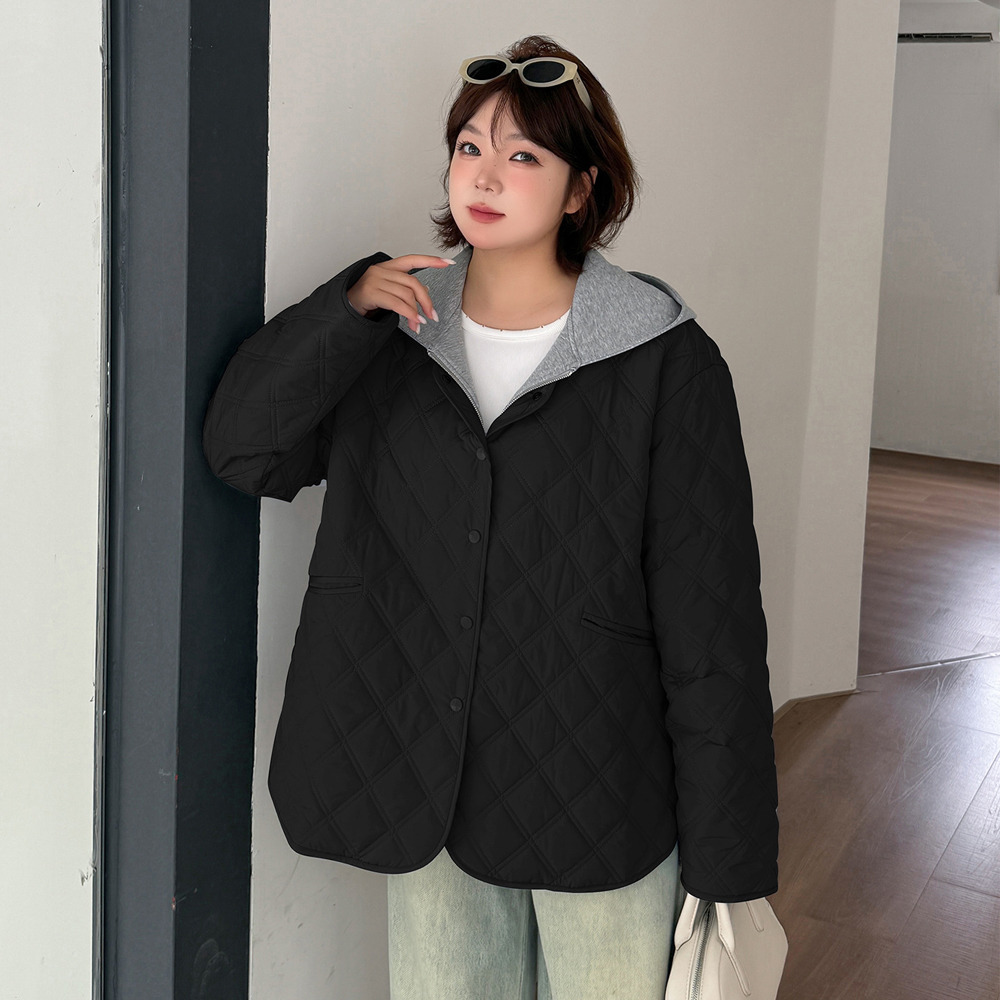 重ね着風スウェットフード付きダイヤキルティングジャケット1