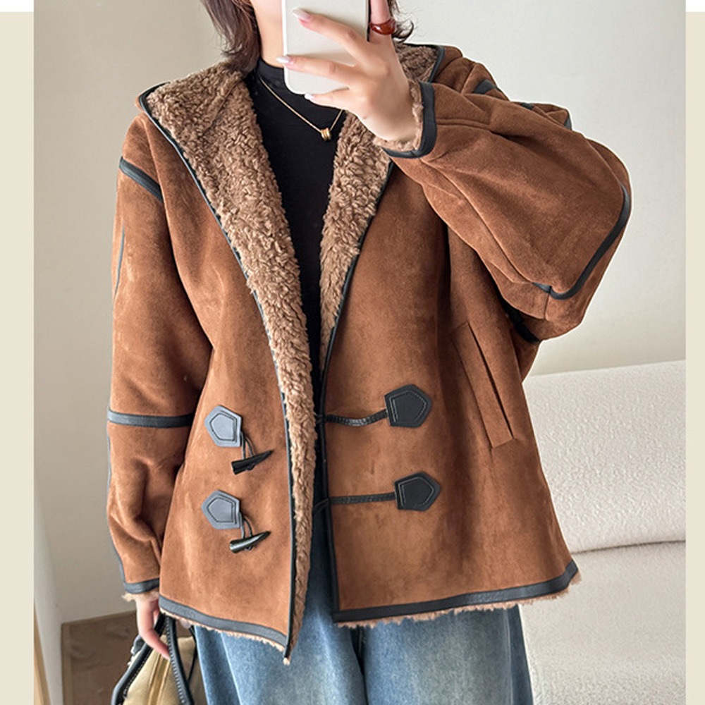 裏ボアでスエード調生地のトグルボタン フード付きジャケット5