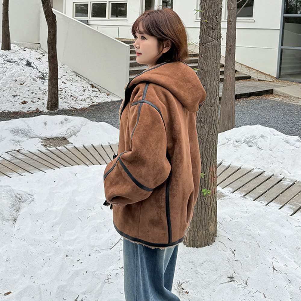 裏ボアでスエード調生地のトグルボタン フード付きジャケット7