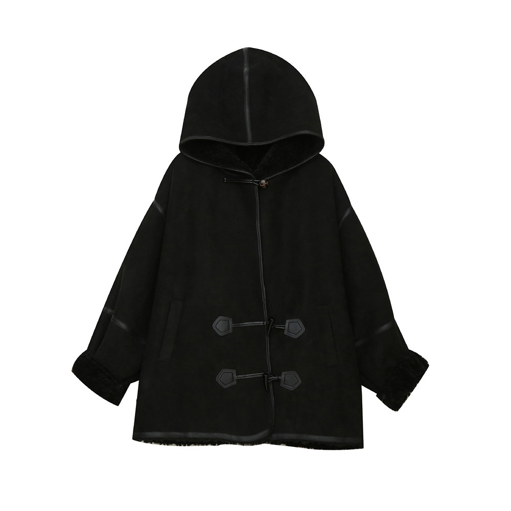 裏ボアでスエード調生地のトグルボタン フード付きジャケット1