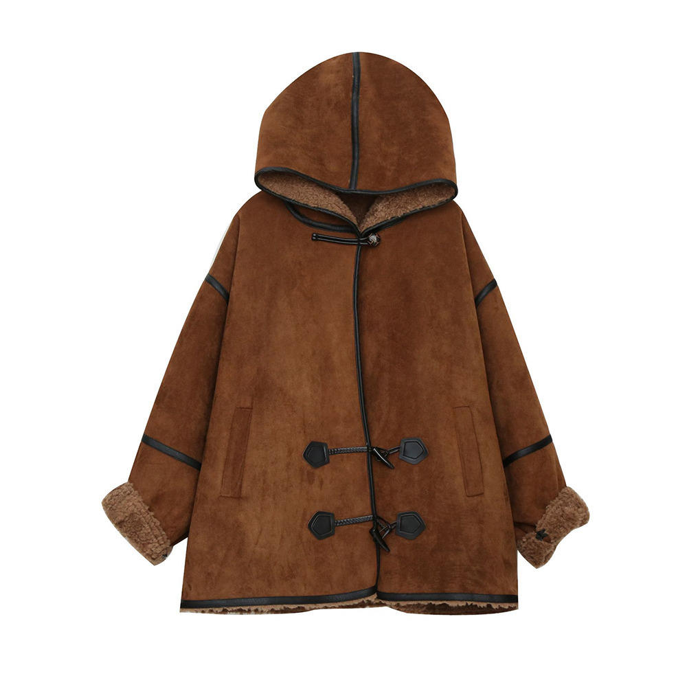 裏ボアでスエード調生地のトグルボタン フード付きジャケット1