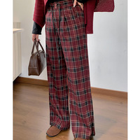 長さ2タイプ 暖かなチェック柄裏毛生地 ワイドストレートパンツ