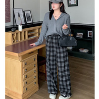 長さ2タイプ 暖かなチェック柄裏毛生地 ワイドストレートパンツ