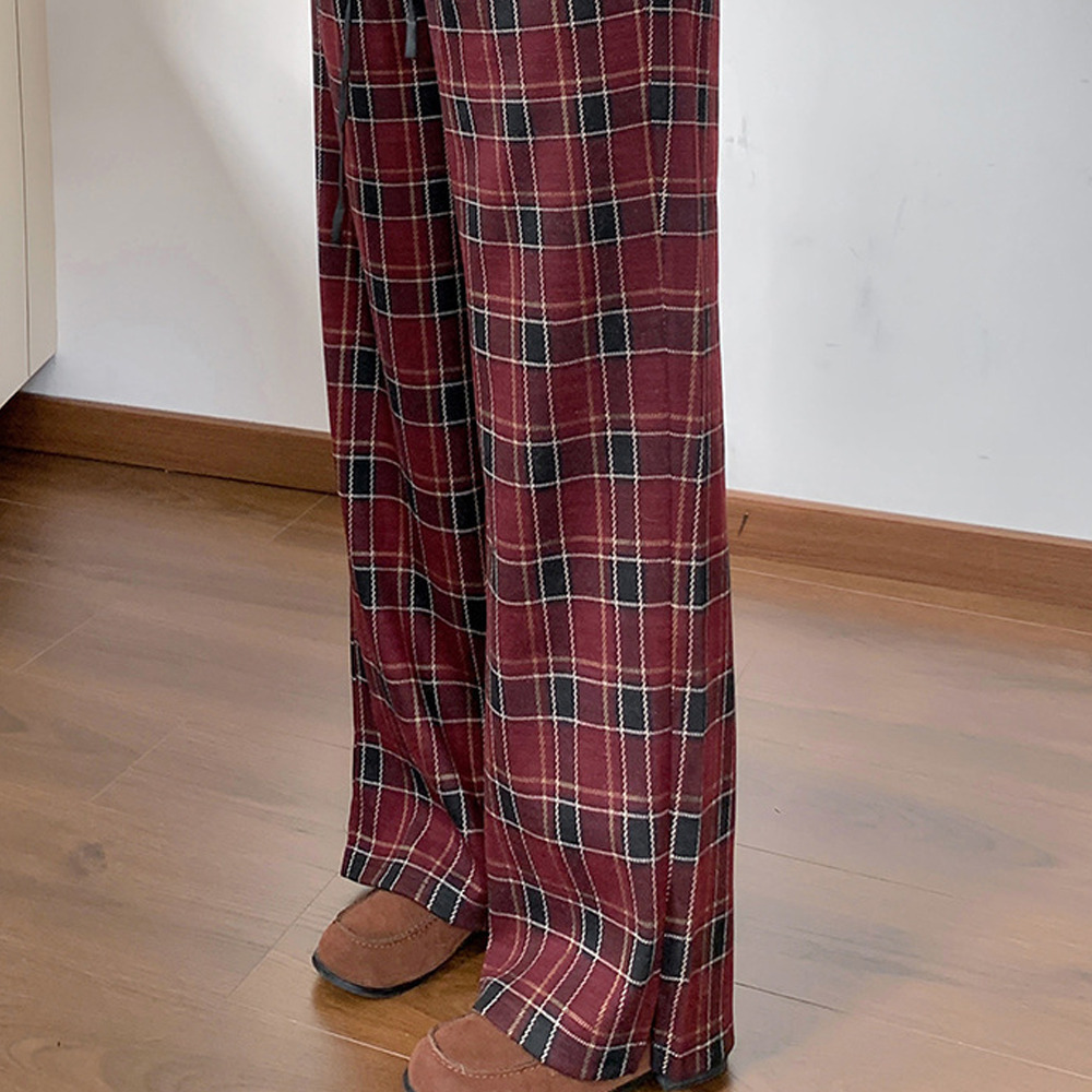 長さ2タイプ 暖かなチェック柄裏毛生地 ワイドストレートパンツ11