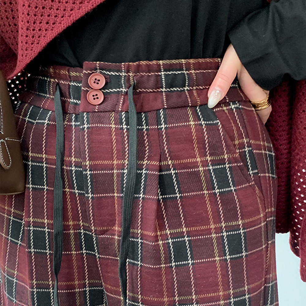 長さ2タイプ 暖かなチェック柄裏毛生地 ワイドストレートパンツ12