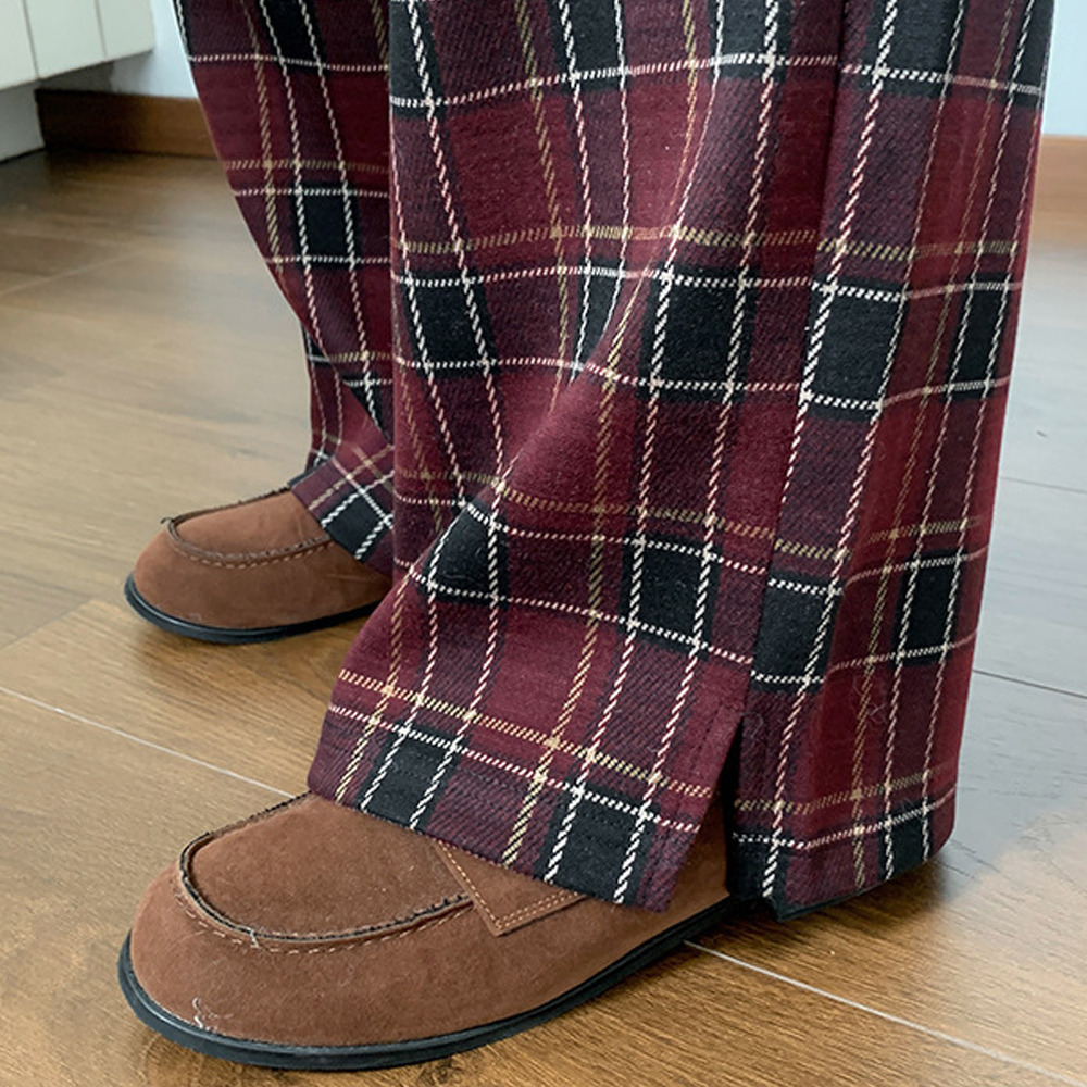 長さ2タイプ 暖かなチェック柄裏毛生地 ワイドストレートパンツ13