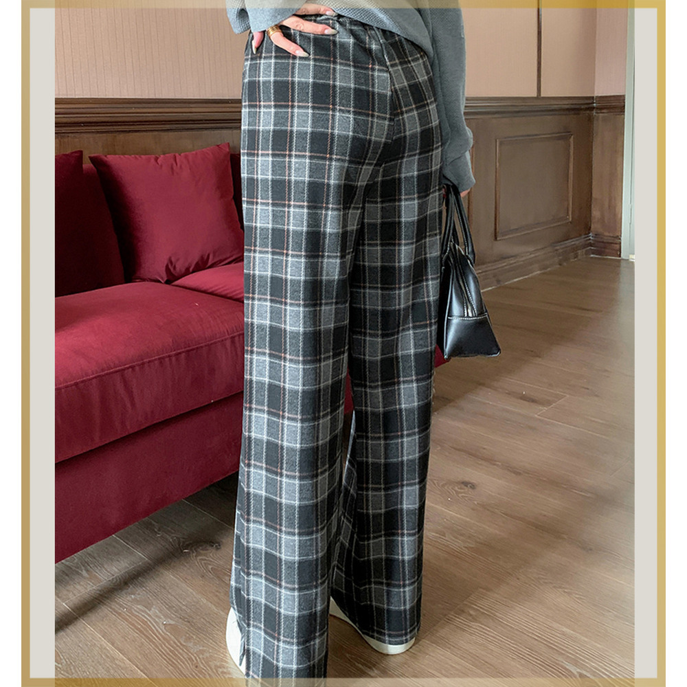 長さ2タイプ 暖かなチェック柄裏毛生地 ワイドストレートパンツ18