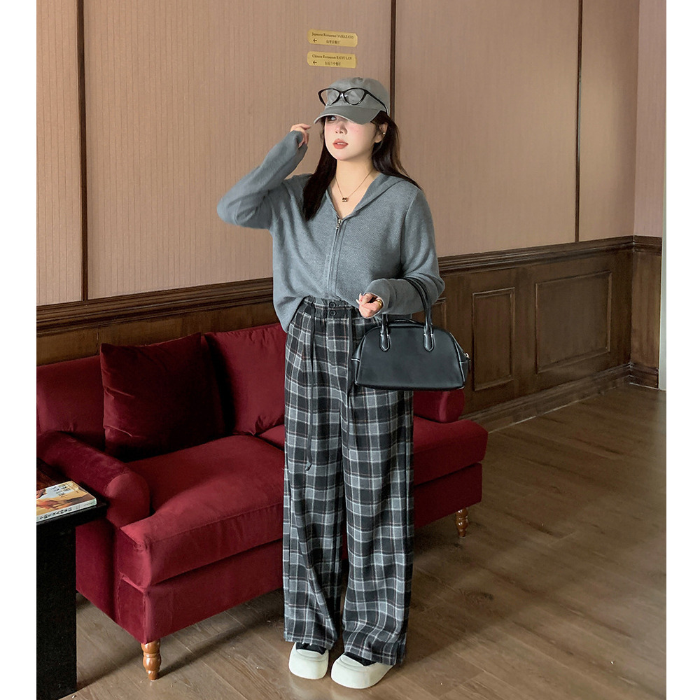 長さ2タイプ 暖かなチェック柄裏毛生地 ワイドストレートパンツ2