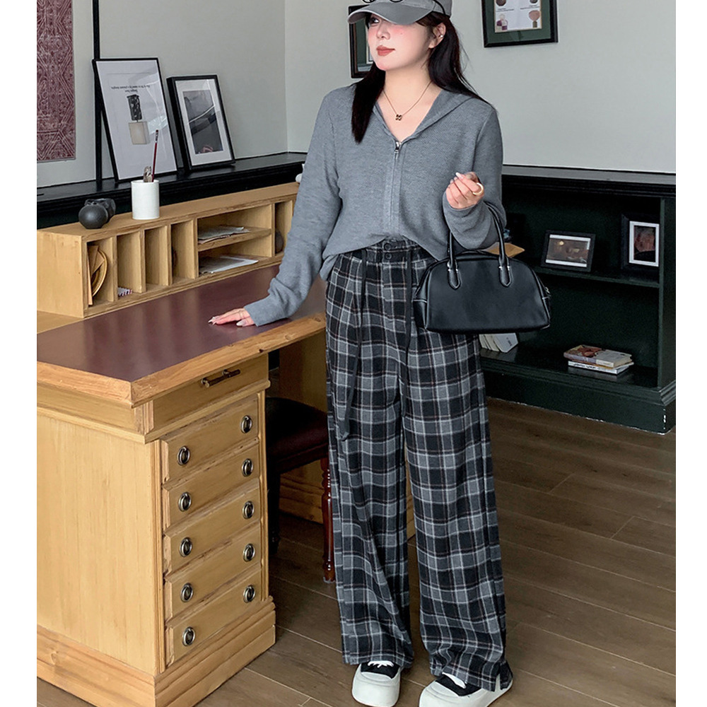 長さ2タイプ 暖かなチェック柄裏毛生地 ワイドストレートパンツ3