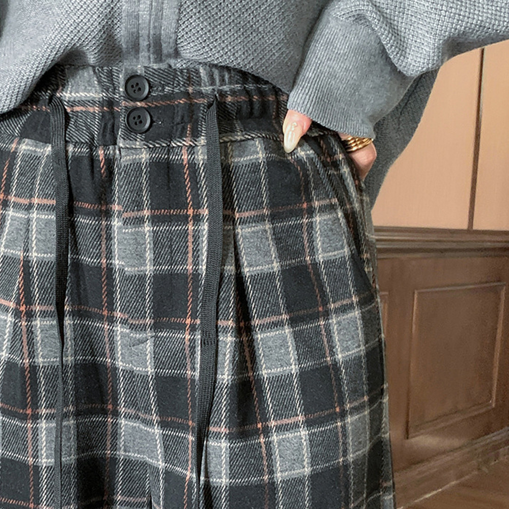 長さ2タイプ 暖かなチェック柄裏毛生地 ワイドストレートパンツ4