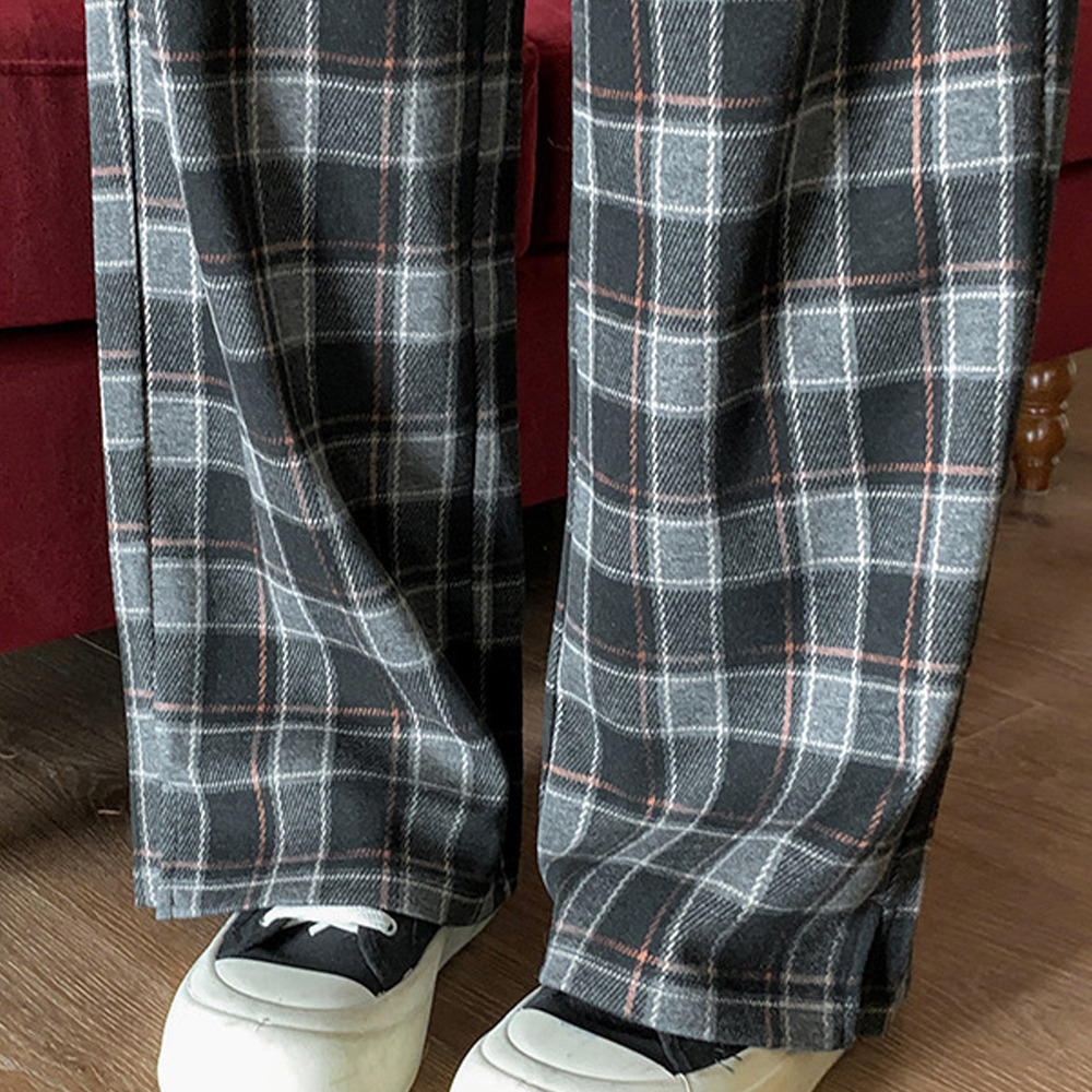 長さ2タイプ 暖かなチェック柄裏毛生地 ワイドストレートパンツ5