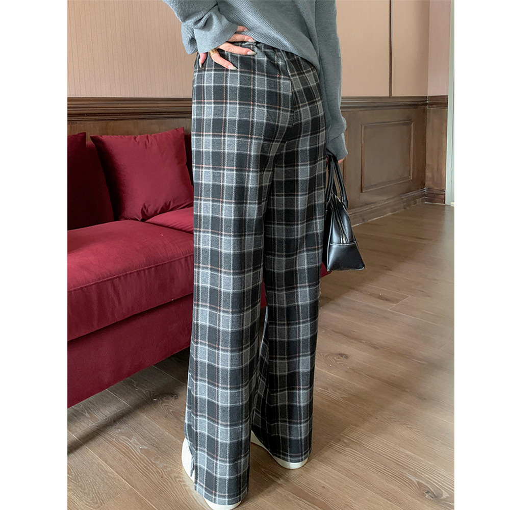 長さ2タイプ 暖かなチェック柄裏毛生地 ワイドストレートパンツ6