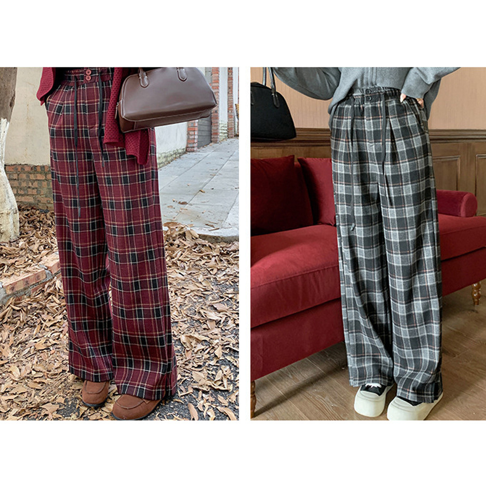 長さ2タイプ 暖かなチェック柄裏毛生地 ワイドストレートパンツ7