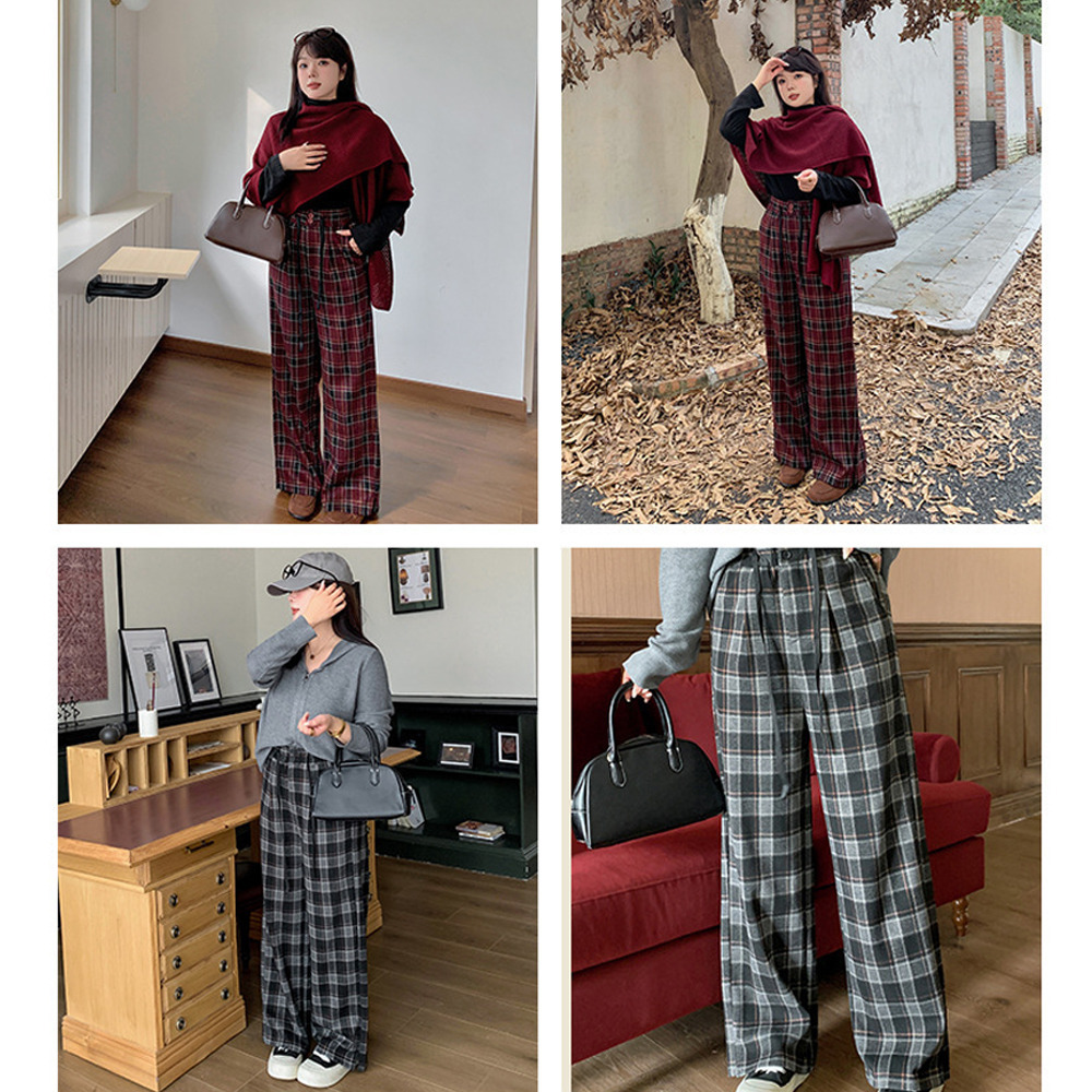 長さ2タイプ 暖かなチェック柄裏毛生地 ワイドストレートパンツ8