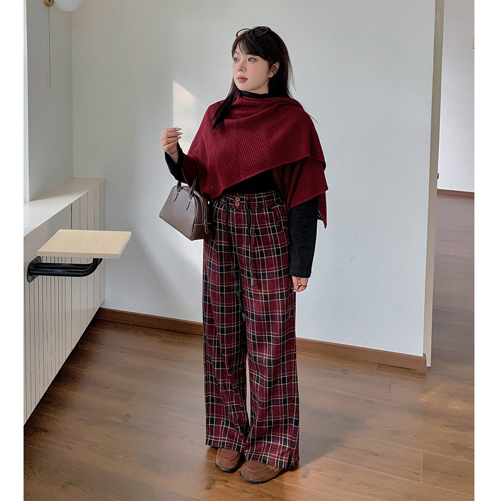 長さ2タイプ 暖かなチェック柄裏毛生地 ワイドストレートパンツ9