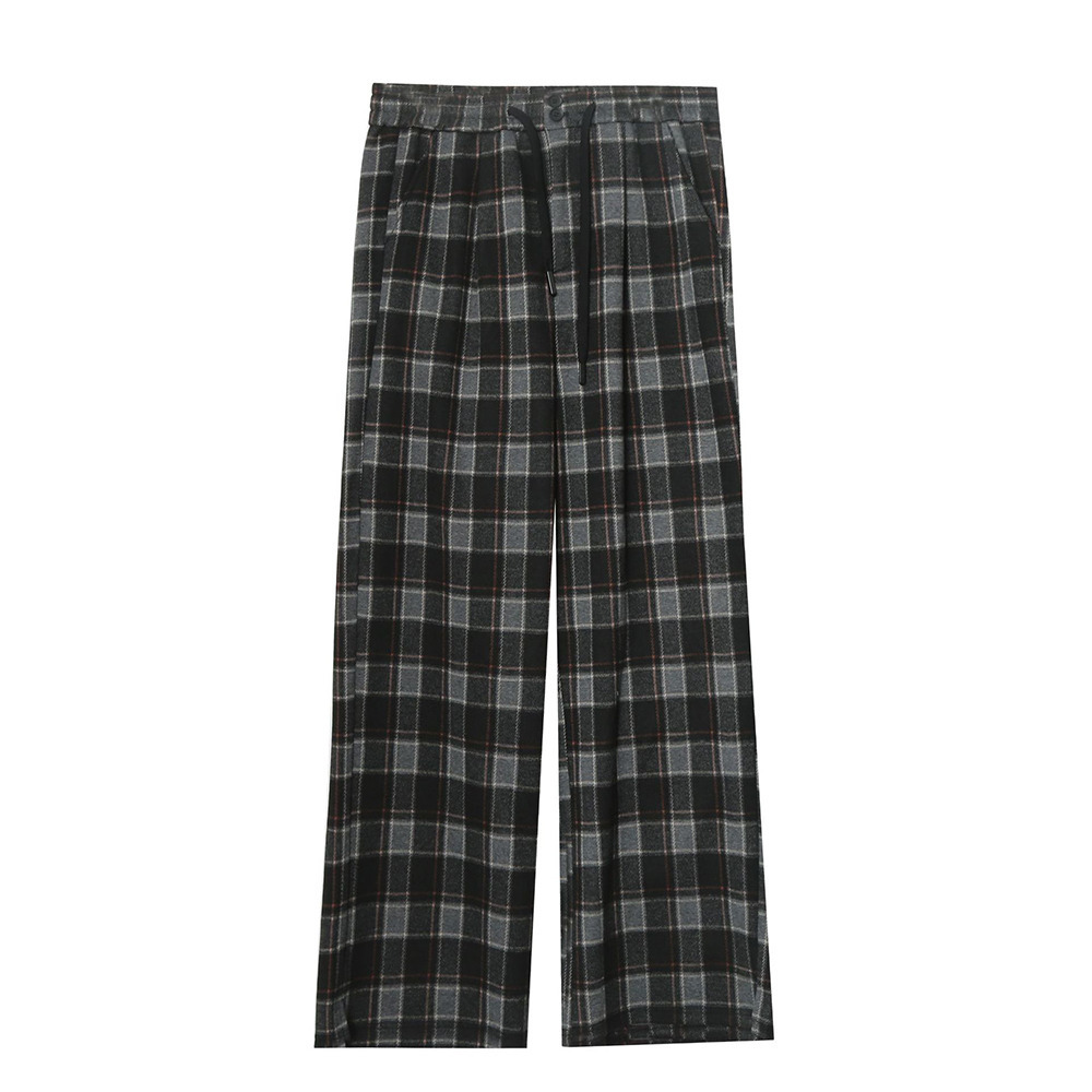 長さ2タイプ 暖かなチェック柄裏毛生地 ワイドストレートパンツ1