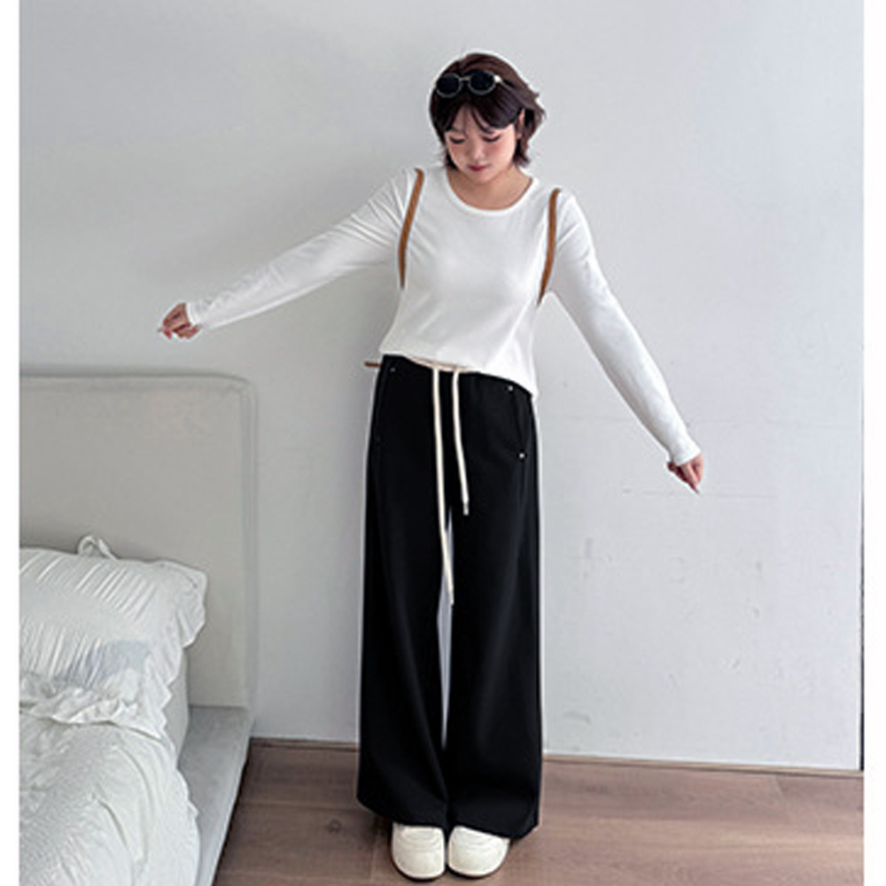 長さ2タイプ 暖かな裏起毛 ウエスト配色ワイドストレートパンツ2