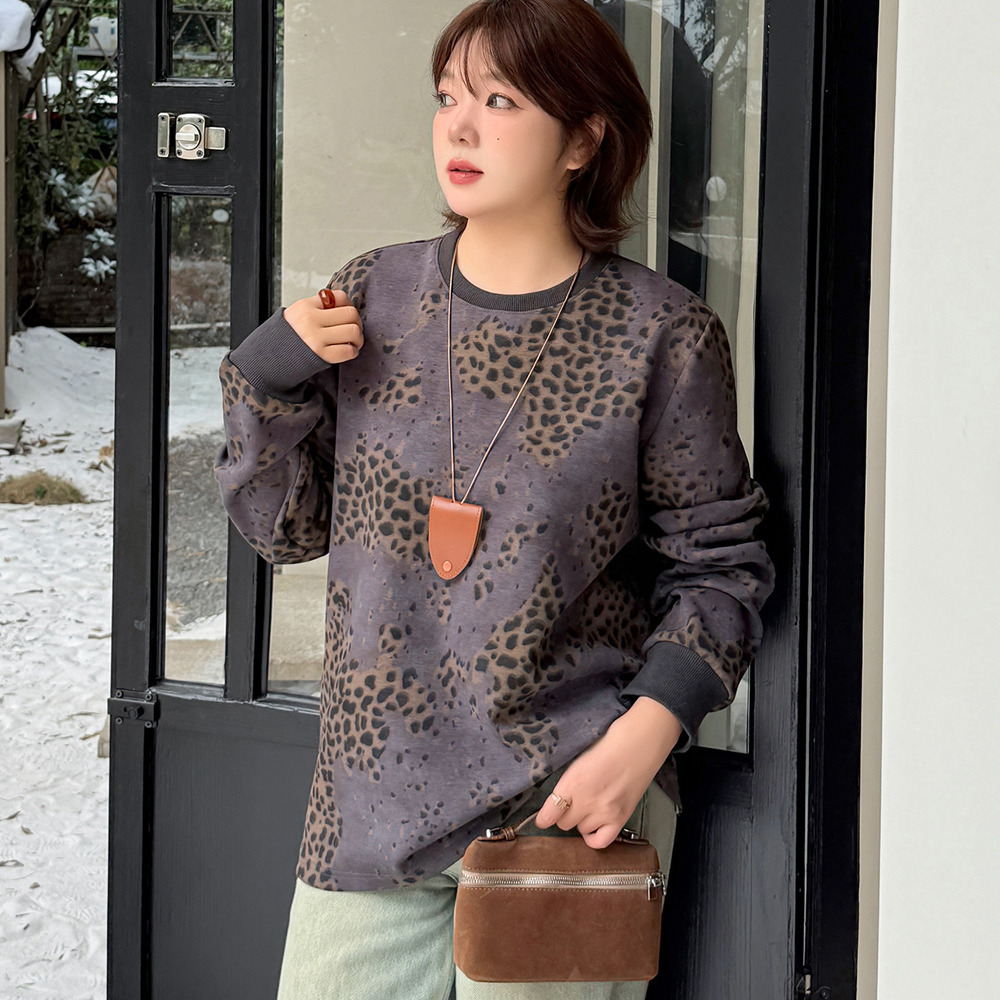 大人のカジュアルスウェット!裏起毛 レオパード柄プルオーバー トップス6