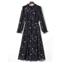 起毛裏地付きで暖か！フラワー＆バタフライプリント シフォンワンピース