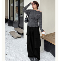 長さ6m違いの2タイプ 裏起毛のワイドレッグ ウエストゴム カーゴパンツ