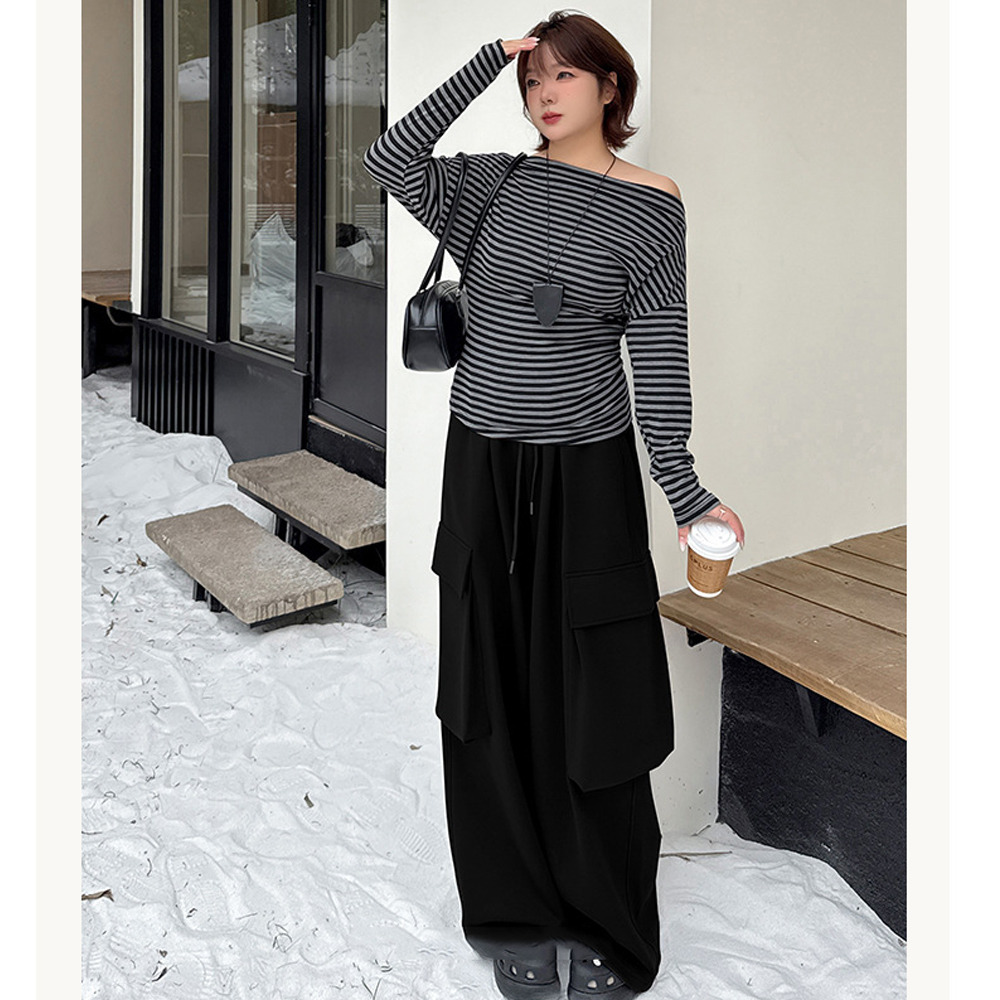 長さ6m違いの2タイプ 裏起毛のワイドレッグ ウエストゴム カーゴパンツ3