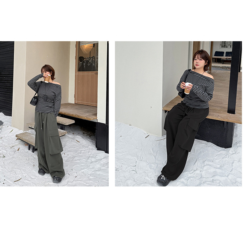 長さ6m違いの2タイプ 裏起毛のワイドレッグ ウエストゴム カーゴパンツ5