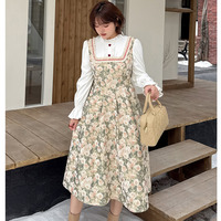 起毛生地ブラウス重ね着風のレトロな花柄ジャガードワンピース