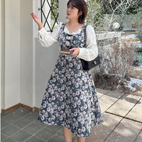 起毛レースブラウス重ね着風のレトロな花柄ジャガードワンピース