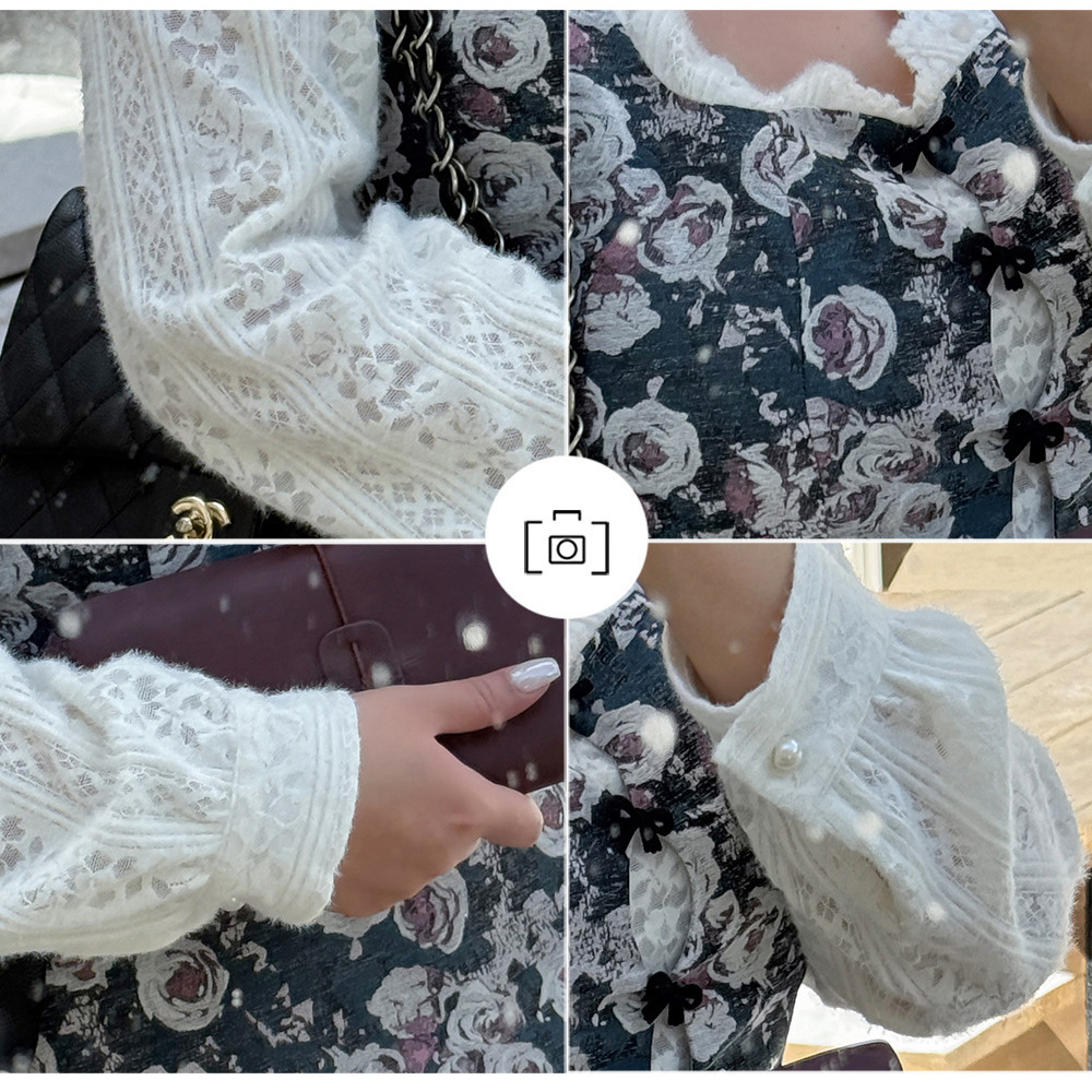 起毛レースブラウス重ね着風のレトロな花柄ジャガードワンピース10