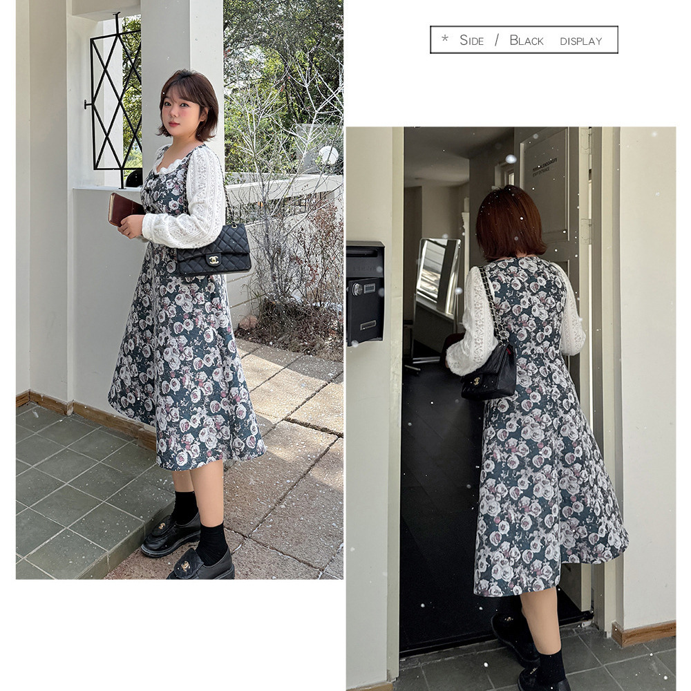 起毛レースブラウス重ね着風のレトロな花柄ジャガードワンピース11