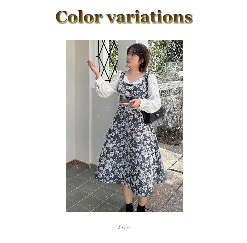 起毛レースブラウス重ね着風のレトロな花柄ジャガードワンピース15