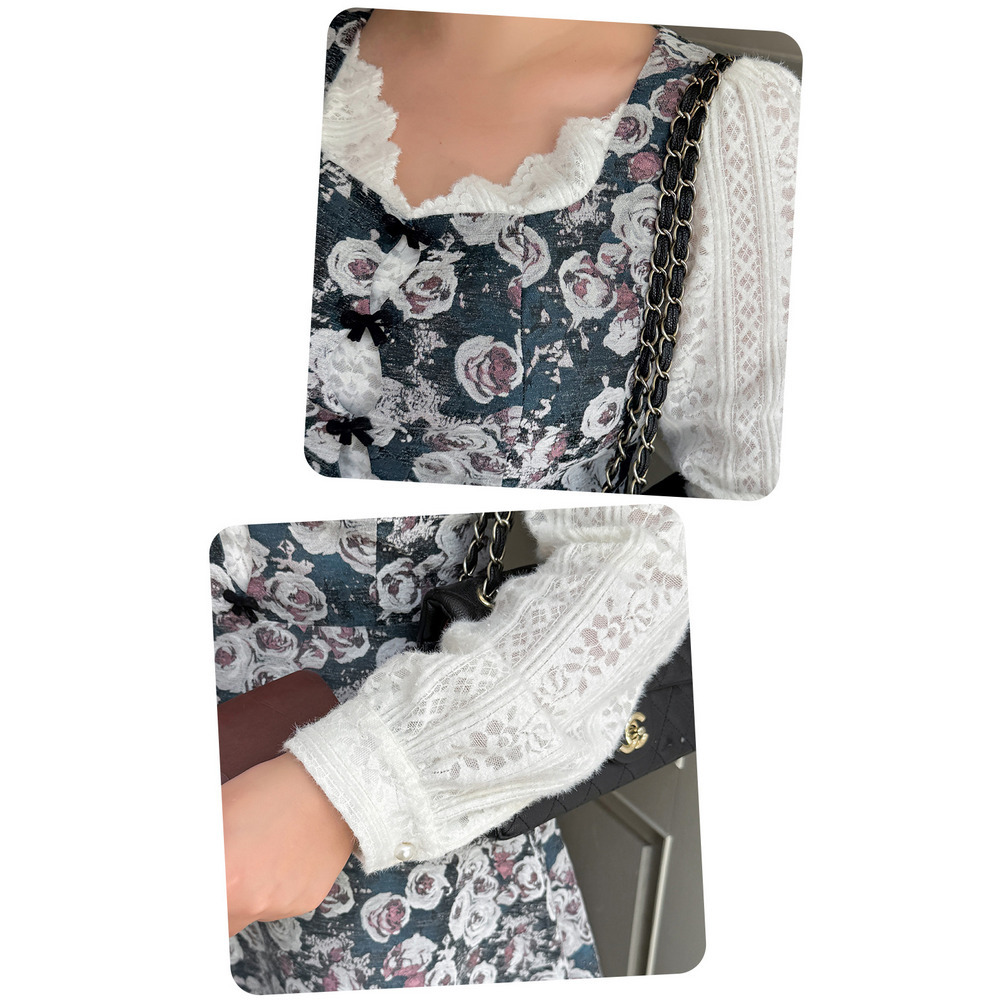 起毛レースブラウス重ね着風のレトロな花柄ジャガードワンピース16