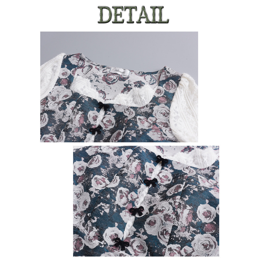 起毛レースブラウス重ね着風のレトロな花柄ジャガードワンピース17