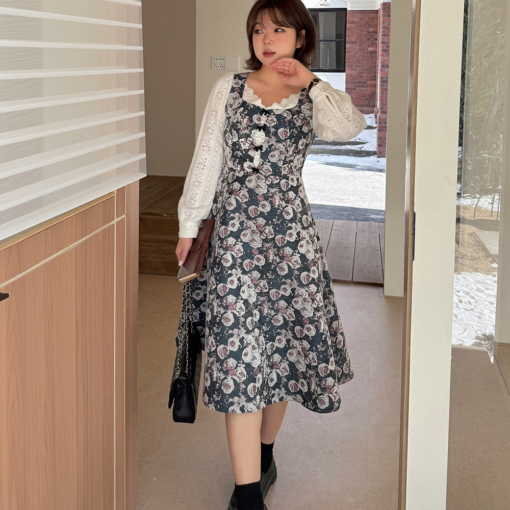 起毛レースブラウス重ね着風のレトロな花柄ジャガードワンピース3