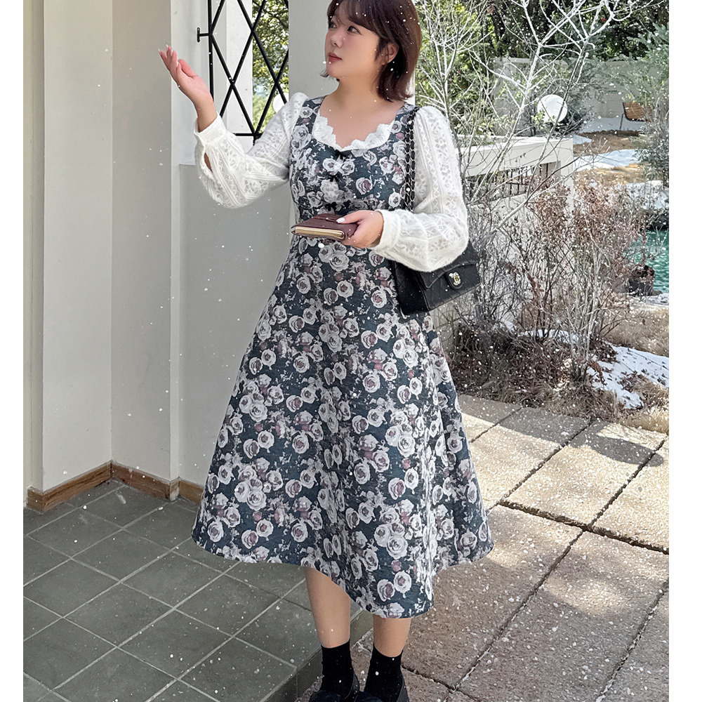 起毛レースブラウス重ね着風のレトロな花柄ジャガードワンピース4