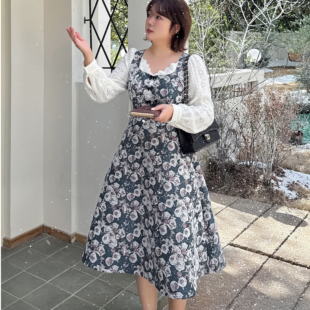 起毛レースブラウス重ね着風のレトロな花柄ジャガードワンピース5