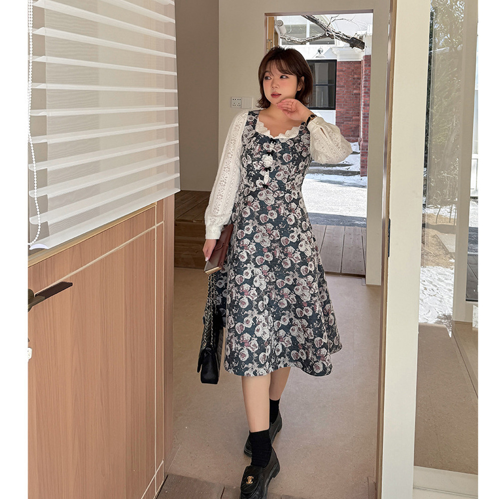 起毛レースブラウス重ね着風のレトロな花柄ジャガードワンピース6