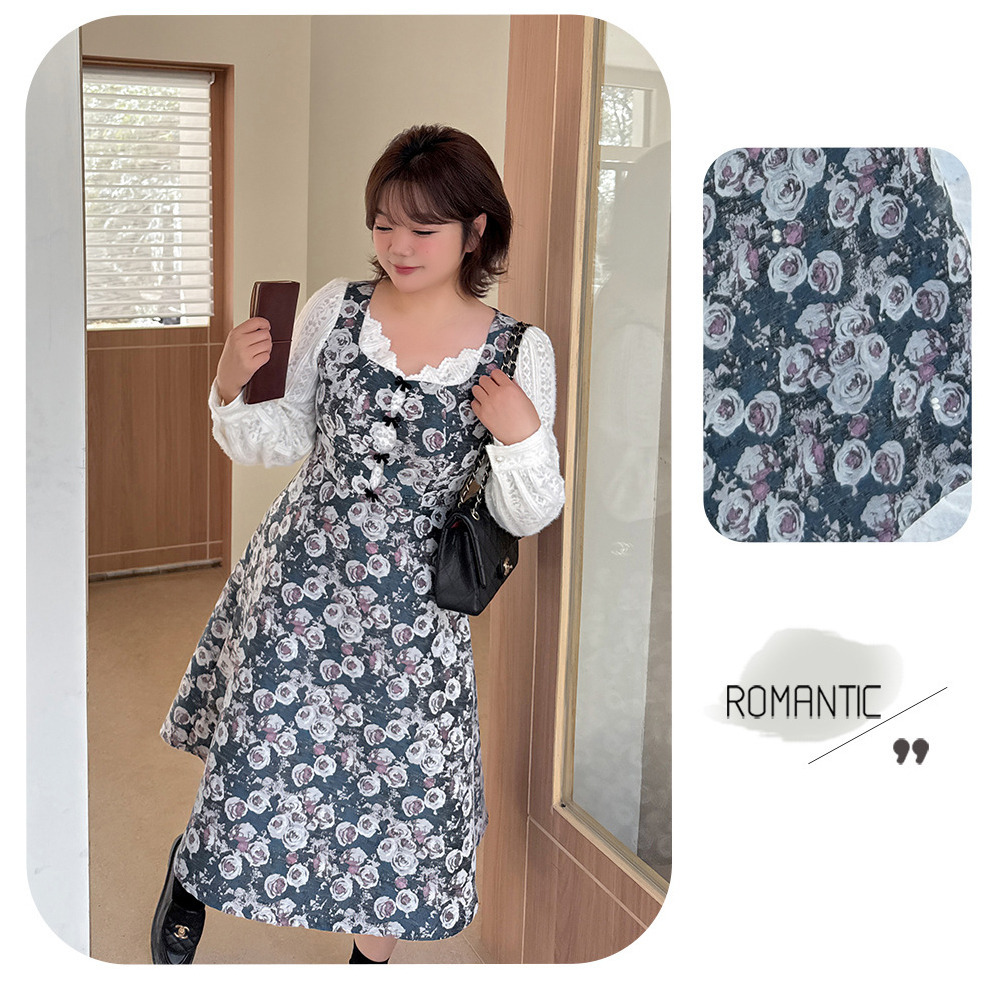 起毛レースブラウス重ね着風のレトロな花柄ジャガードワンピース7