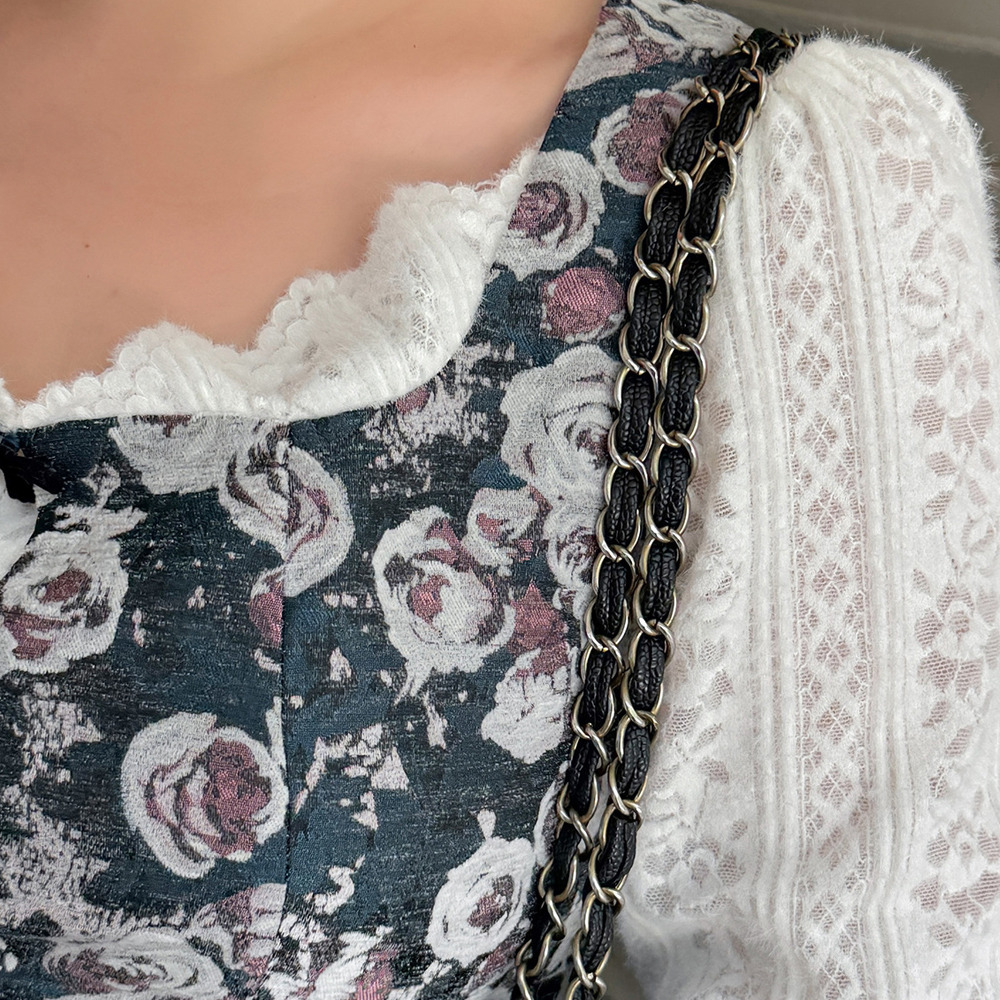 起毛レースブラウス重ね着風のレトロな花柄ジャガードワンピース9