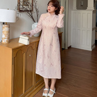 暖かなフリース裏地付き レース複合素材のチャイナ風ワンピース