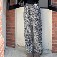 暖かな複合ニット生地 ヒョウ柄 ウエストドロスト ワイドパンツ