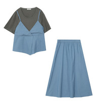 スカート丈8cm違いの2タイプ 重ね着風トップス+スカートスーツ