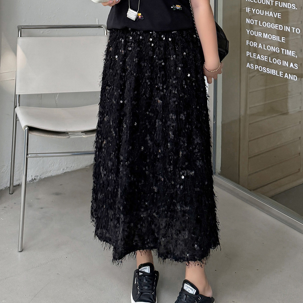 フリンジレースにスパンコール刺繍のキラキラ華やかなロングスカート2