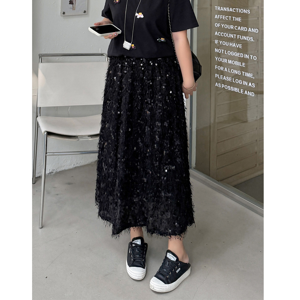 フリンジレースにスパンコール刺繍のキラキラ華やかなロングスカート1