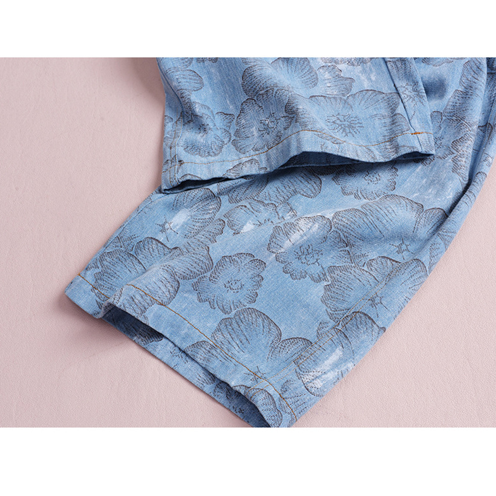 レトロでスタイリッシュなフラワープリントデニムワイドパンツ10